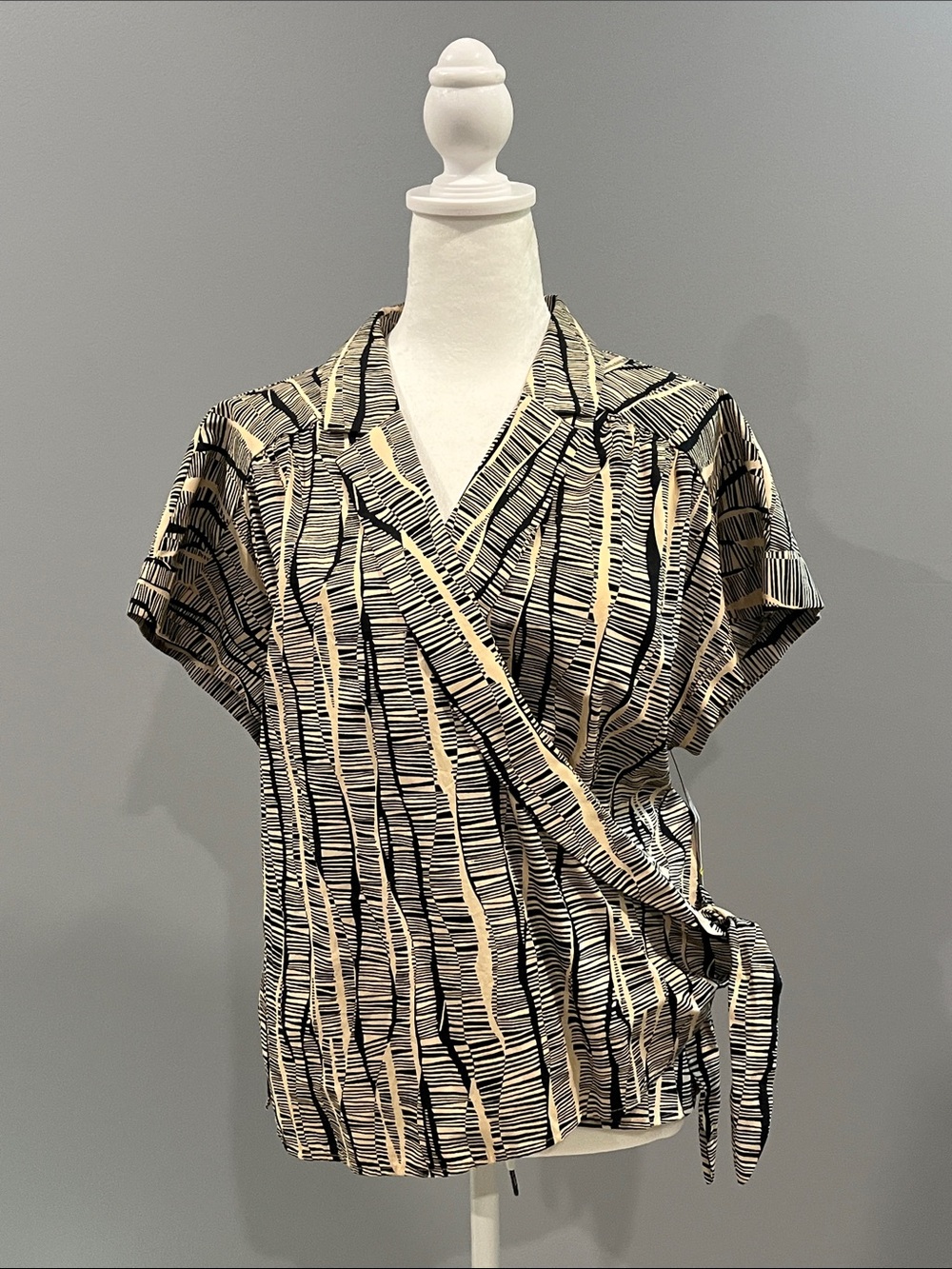 Nine West Black and Cream Wrap Blouse with Side Tie